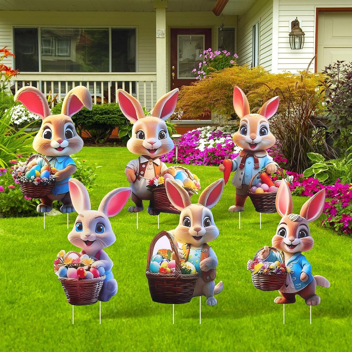 Paasdecoratie voor buiten, weerbestendige tuindecoraties, paashazen, lente paasdecoraties, paaseieren, 6 stuks, weerbestendige balkondecoraties, tuinpalen, lentedecoraties voor tuin en terras