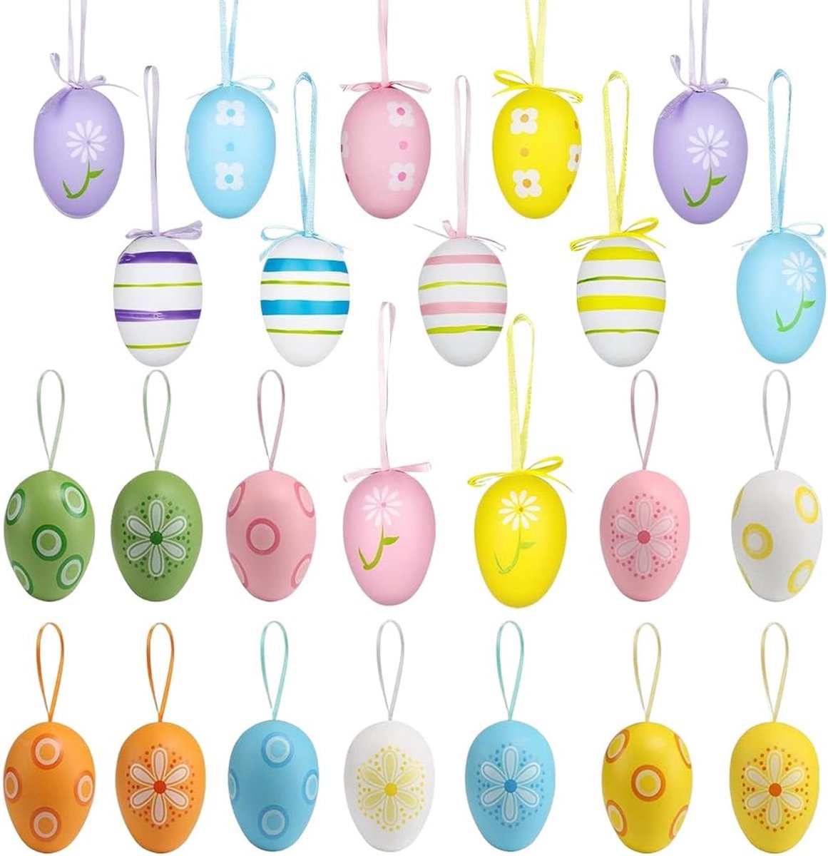 24-delige Hangende Paaseieren, Decoratieve Eieren, Kleurrijke Plastic Eieren, Handbeschilderde Paaseieren, Plastic Eieren als Decoratie voor Boeketten en Takken met Pasen