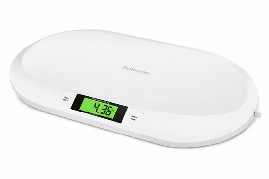 Balance pour bébé Golermo blanche sur fond blanc avec un écran numérique vert affichant 4,36 kg.