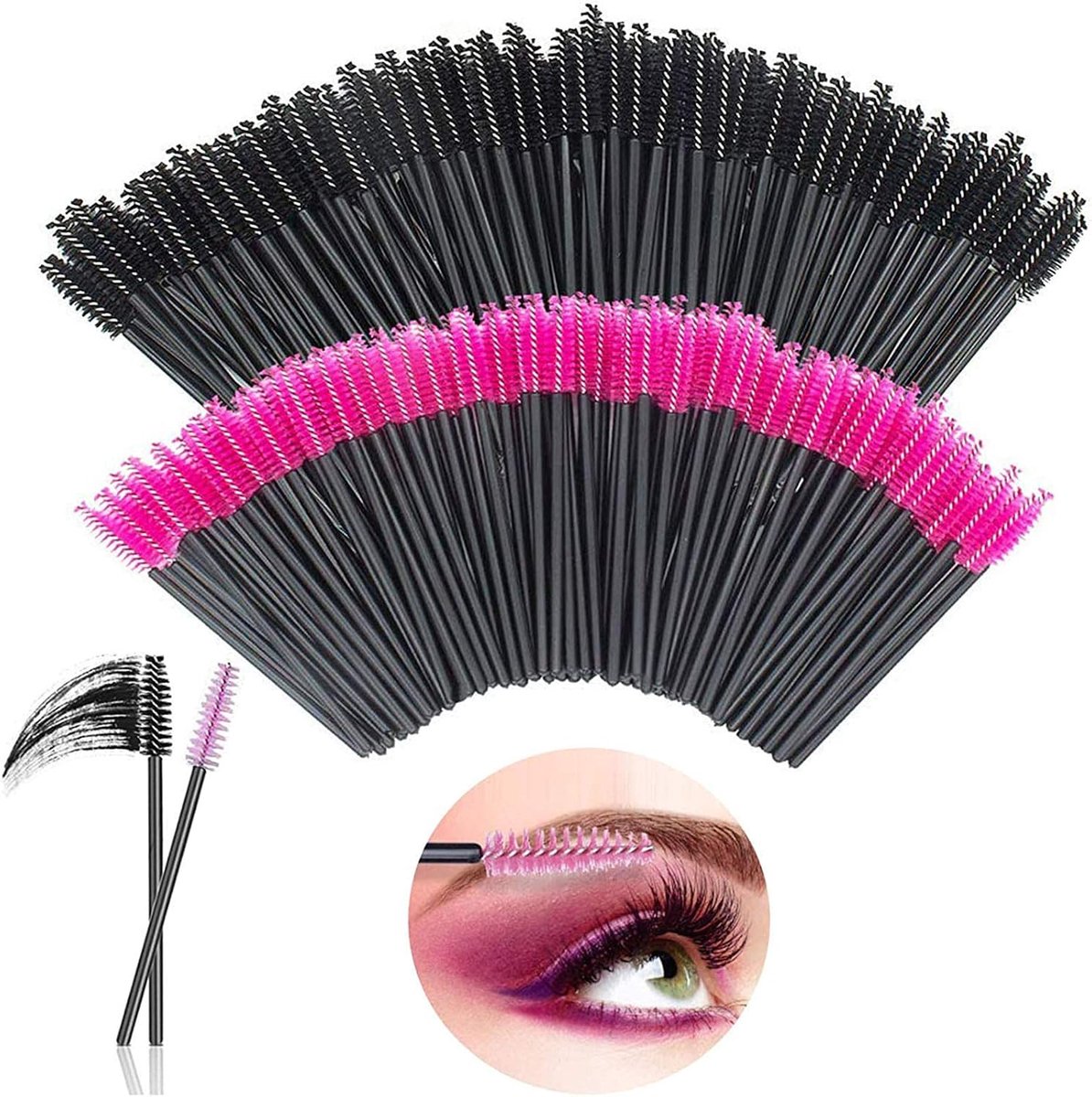 200 stuks wegwerp-wimperborstels, wimperverlengingsborstel, kunststof, applicator, mascara, kwast voor wimpers, wenkbrauwen, make-up, roze/zwart
