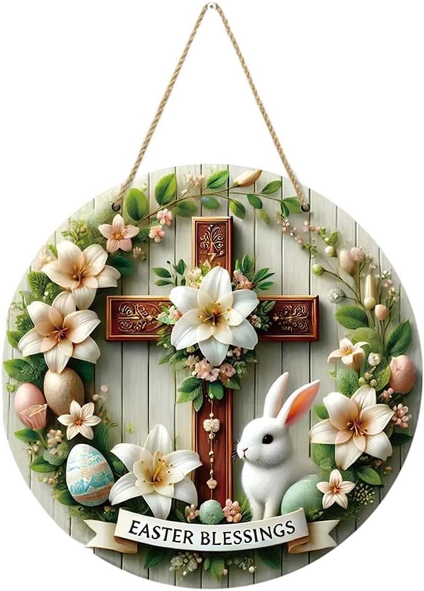 1 stuk rond deurbordje voor Pasen van hout, 18 cm, decoratie met paashaas, paaseieren en lelies, vrolijk Pasen, om op te hangen aan de voordeur of muur, kant-en-klaar gedecoreerde houten schijf