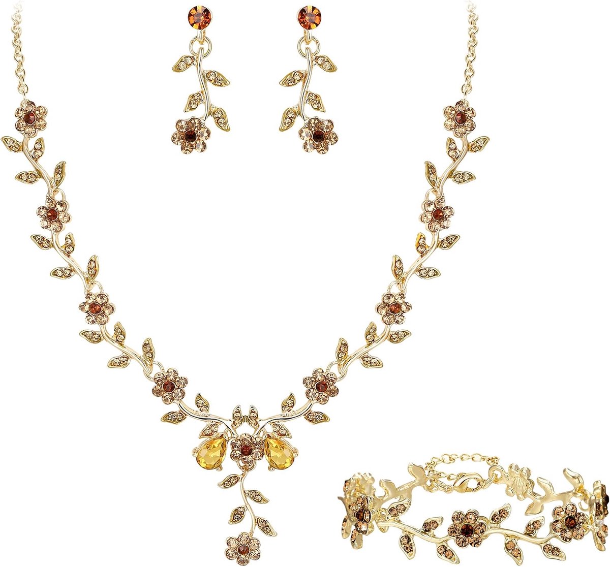 Sieradenset, voor dames, bruiloft, feest, gala, blad, tros, bloem, kristal, hanger, halsketting, hangende oorbellen en armband, set, Kristal