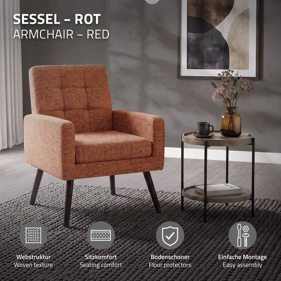 Oranje fauteuil met capitonnering en armleuningen, op donkere poten, in een woonkamer. Iconen tonen geweven textuur, zitcomfort, vloerbescherming en montage.