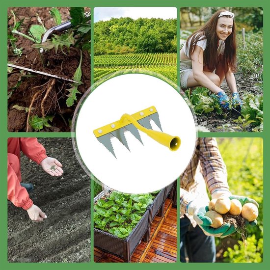 Onkruidhark 5 tanden - Onkruidsteker Wieden - Tuinonderhoud Vereenvoudigen - Ergonomische Ontlasting - 26 cm breed - Geel Zilver — afbeelding 2