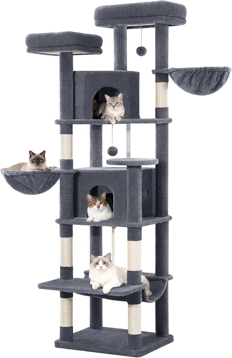 Hzuaneri Krabpaal voor Grote Katten, 175 cm Klimtoren met Meerdere Verdiepingen, Krabpalen, 2 Comfortabele Huisjes, 2 Zitstokken, 2 Manden, Hangmat, voor Binnengebruik, Donkergrijs