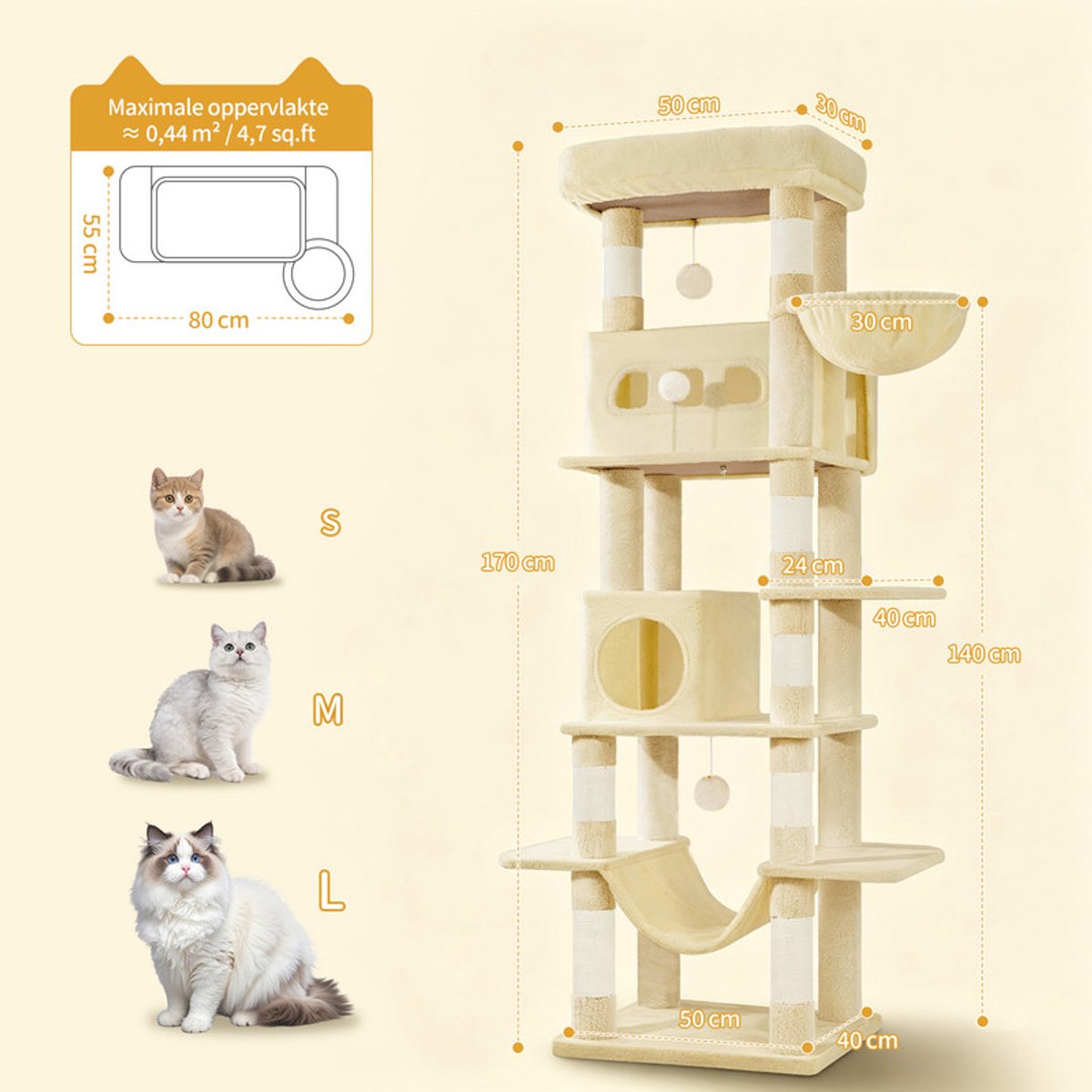 Hzuaneri Krabpaal groot, 170 cm, kattentoren voor maine-kat, grote kat, meerlaagse krabpaal met grote zitstang, wasbare mat, kattenhuismeubel met 2 holletjes, 8 krabbomen, Beige thumbnail 4