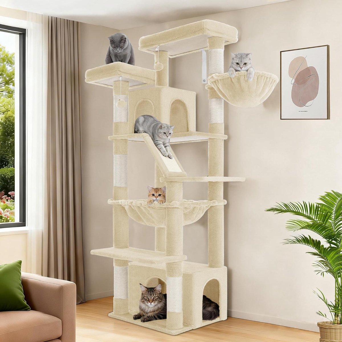 Hzuaneri krabpaal groot, 183 cm hoog, XL kattenboom, 2 platformen, 2 holen, 6 krabstammen, krabplank, kattenmand, hangmat, geschikt voor alle kattenrassen, Maine Coon, Beige