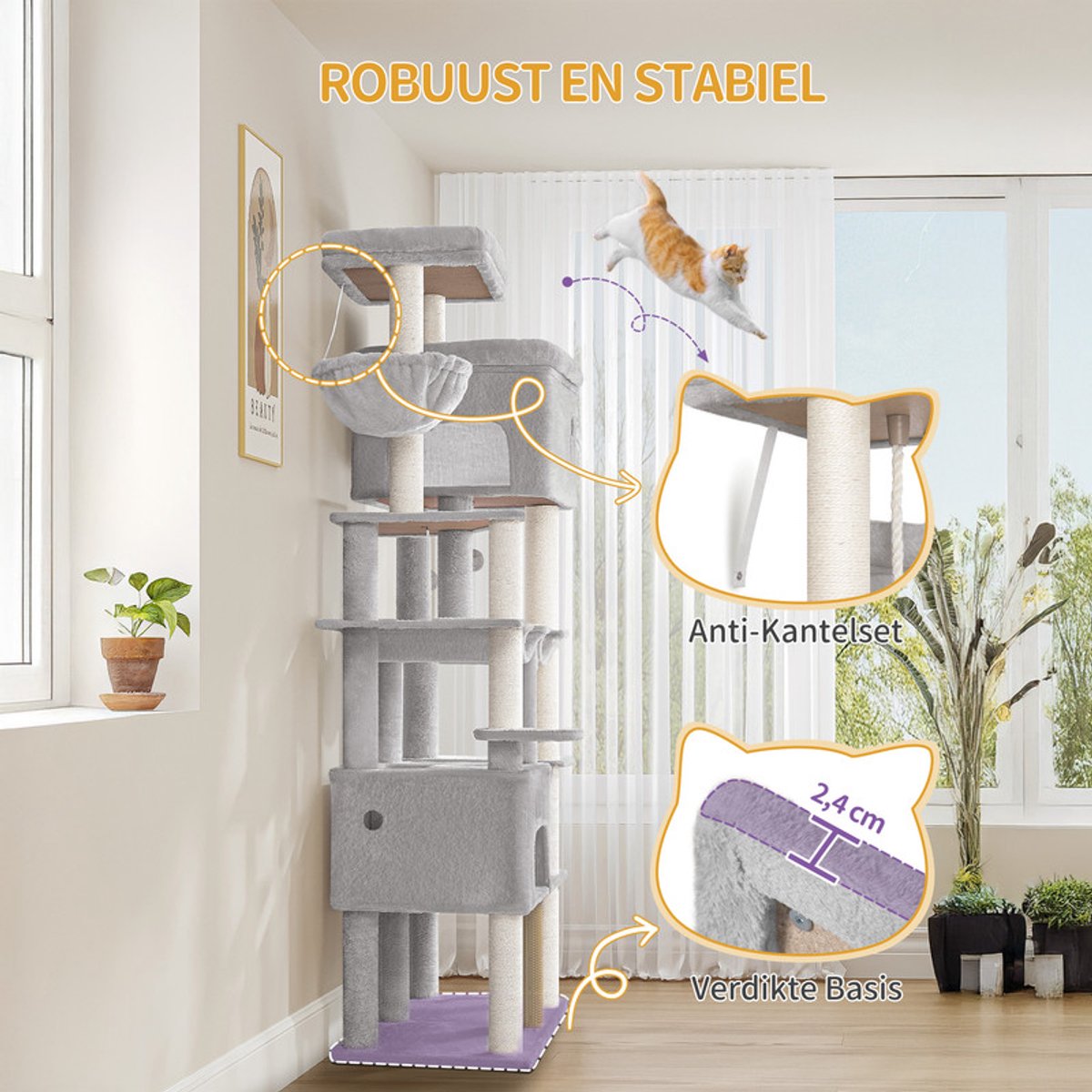 Hzuaneri Krabpaal, 185 cm XL Krabpaal met 10 krabpalen, 2 holen, 2 hangmatten, groot platform, kattenborstels, mandje, robuuste krabpaal voor Maine Coons en grote katten, lichtgrijs thumbnail 3