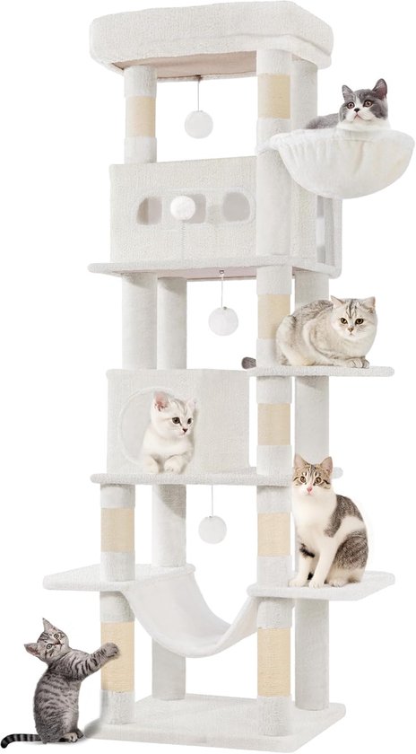 Crème witte kattenkrabpaal van 170 cm hoog met diverse katten erop, waaronder een kitten die krabt, en katten op platforms en in een hangmat.