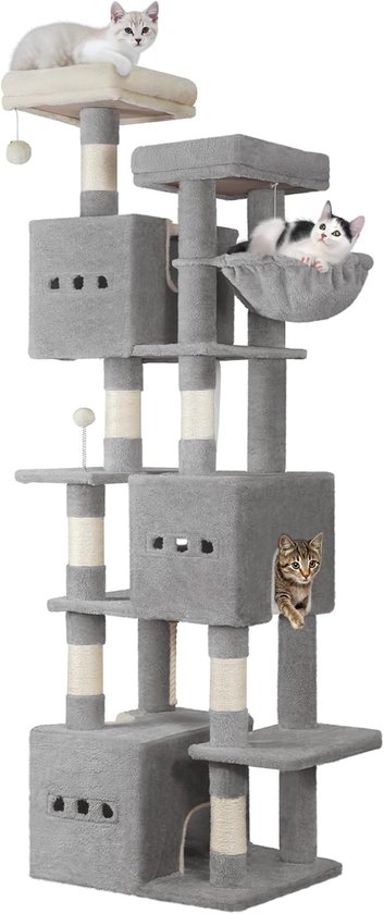 Grijze kattenboom met vier katten: twee op bovenste verdiepingen, één in mand, één in hol.
