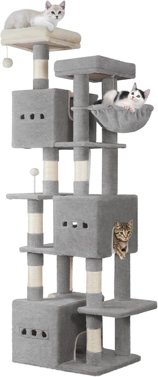 Hzuaneri 193 cm Hoge Kattenklimpaal, Moderne Kattenboom, met 7 Lagen, 2 Uitkijkplatforms, 3 Grotten, 2 Kattenmanden, en Speeltjes Sisal, Lichtgrijs