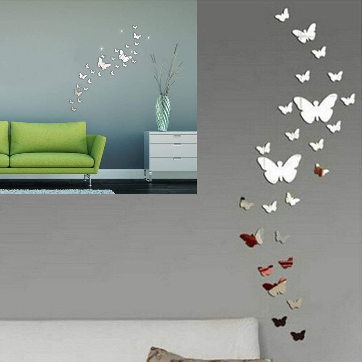 SnelShoppen - 36 Stuks 3D Vlinder Wanddecoratie, Spiegel Effect, Acryl Zilver, Muur Stickers voor Woonkamer, Slaapkamer en Kantoor, Romantisch en Ener