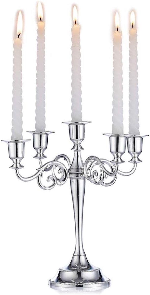 SnelShoppen - 5 Kaarsenhouders voor Bruiloft, Zinklegering Kaarsenstandaard, Eettafel Decoratie, Hotel Interieur, Zilver, 11 x 27 cm