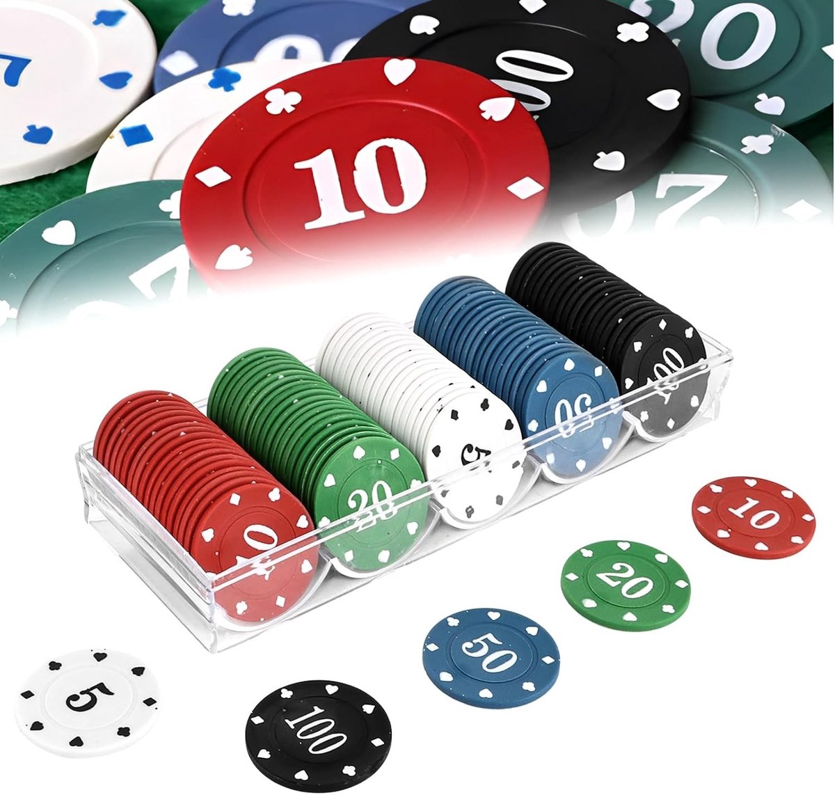 300 Poker Chips Set met Zwarte Velours Tas, Poker Case en 5 Kleurrijke Counters voor Spellen