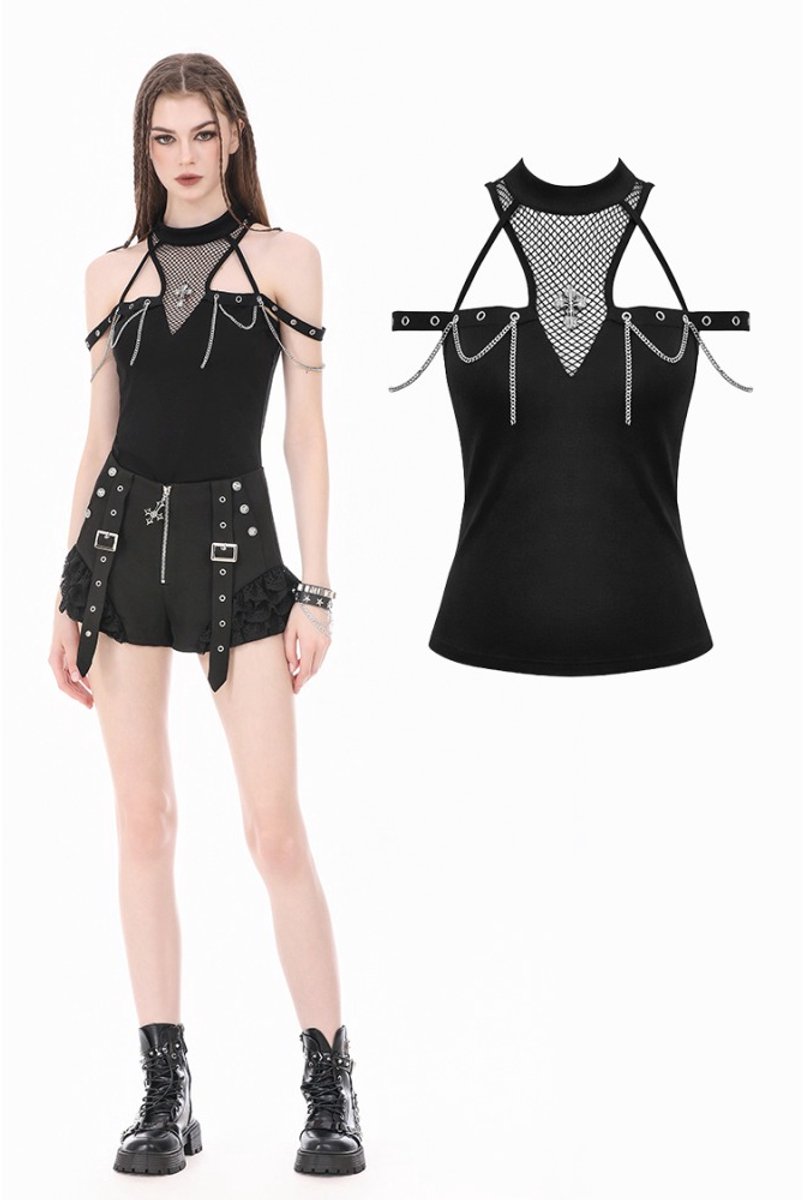 Dark in Love - Dark Techwear Mesh Cutout ColdShoulder Chain Cross Halter Mouwloze top - M - Zwart