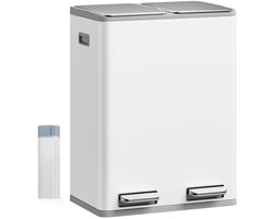 HILINSIE Keuken Prullenbak, Afvalscheidingssysteem, 2 Compartimenten, 60 L (2 x 30 L), RVS Keuken Prullenbak, Pedaalemmer, Stille Langzame Afvalzak, met 15 Exclusieve Afvalzakke, Wit