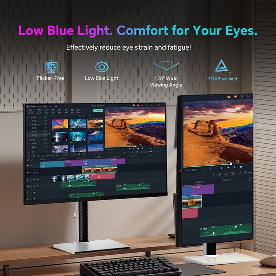 Twee KTC-monitoren, één verticaal, met bewerkingssoftware en de tekst 'Low Blue Light'.