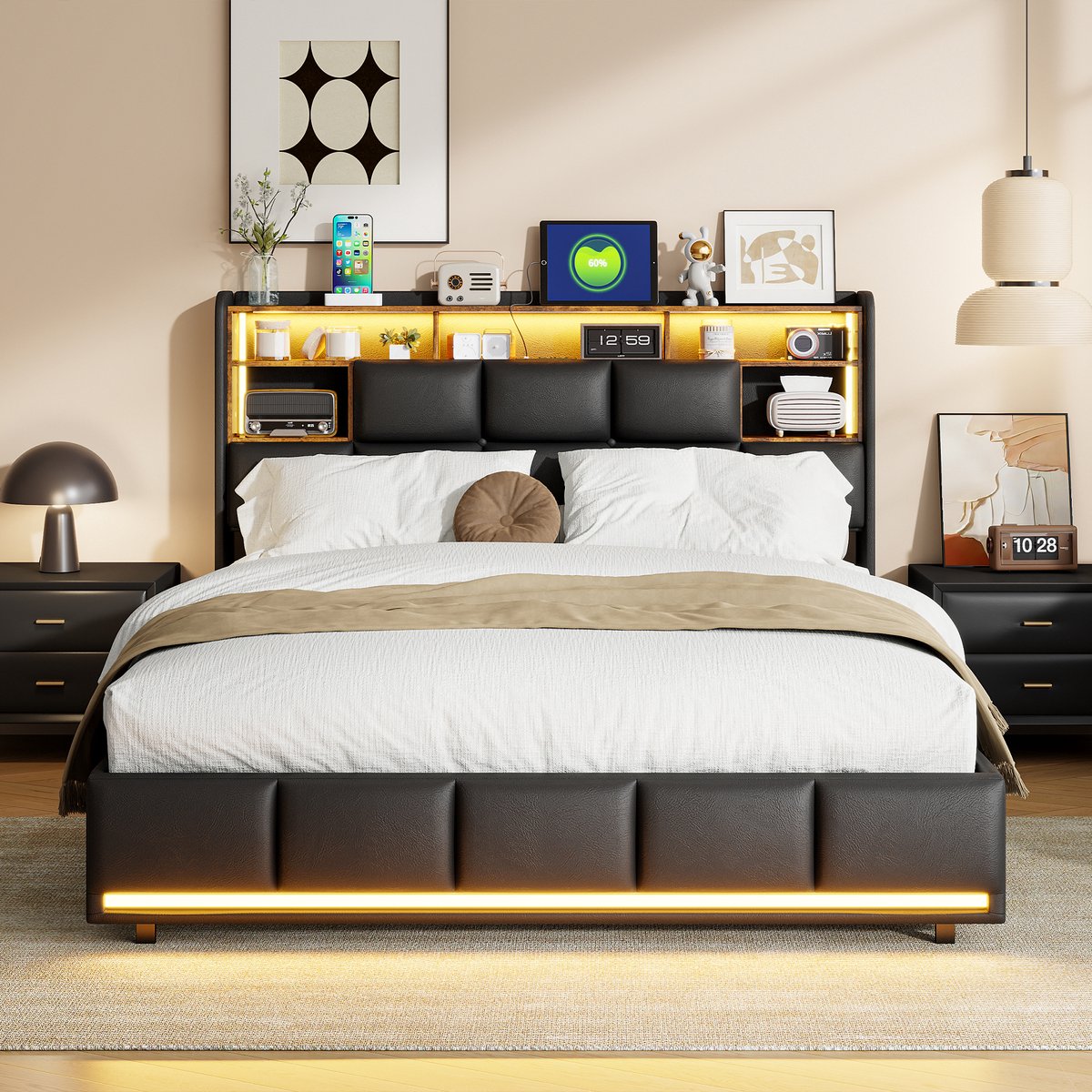 Tweepersoonsbed 140x200 cm, opbergbed met led hoofd- en voeteneinde, pu bed met opbergruimte in hoofdbord, gasveer en usb aansluiting, zwart, zonder matras