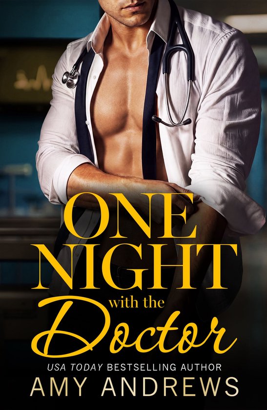 Gespierde man in halfopen wit overhemd met stethoscoop om zijn nek. Boektitel: One Night with the Doctor door Amy Andrews.