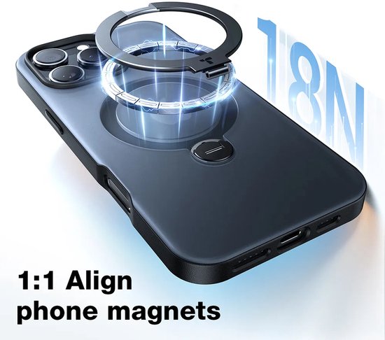 Donkerblauwe telefoonhoes met een magnetische ring die 1:1 uitlijnt met telefoonmagneten.