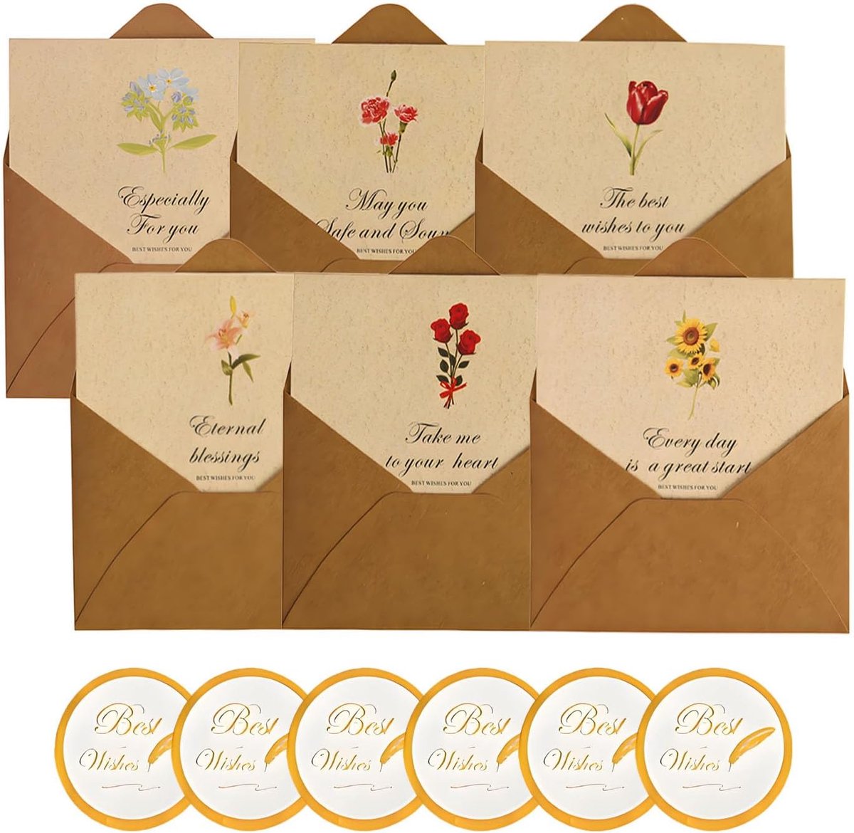 SnelShoppen - 6 Sets Bedankkaarten met Kraft Papier Enveloppen, Vouwkaarten met Bloemenprint en Embossing Stickers voor DIY, Wit