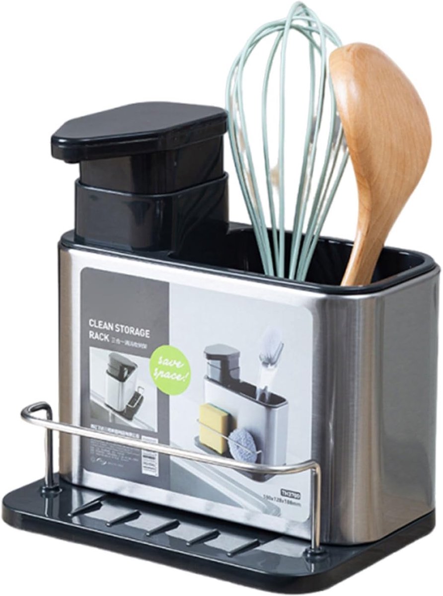 3-in-1 Keuken Organizer Roestvrij Staal: Zeepdispenser, Sponshouder en Borstelhouder voor Onder de Gootsteen