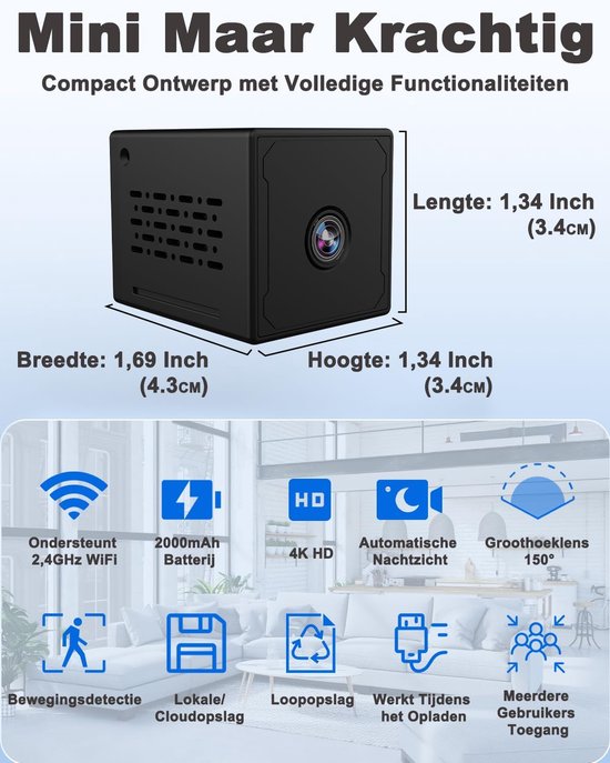 Verborgen Camera - Mini Spycam - Beveiliging Binnen Buiten - 4K Groothoek Nachtzicht - 43x34x34 mm - Zwart — afbeelding 3