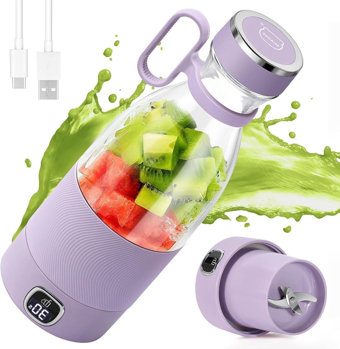 Draagbare mixer - Mini blender - Sap en shakes - 6 RVS messen - 350 ml - Paars