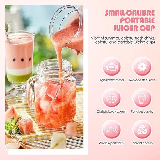 Draagbare Mixer - Elektrische Citruspers - Onderweg Smoothies - Digitaal Display - 500 ml - Roze — afbeelding 5