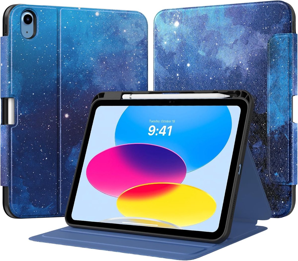 SnelShoppen - iPad Case 11 inch 10.9'' A16 11e Gen en 10e Gen Blauw Sterrenhemel | Folio Hoes met Potlood Houder, Beschermende Stand met Meerdere Kijk