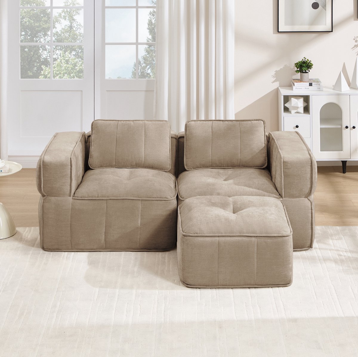 FloraGrace Hoekbank 2 Zits Met Hocker - Modulaire Zitbank Met Diepe Zit En Antislipbasis - Voor Woonkamer En Appartement - Polyester - Sand