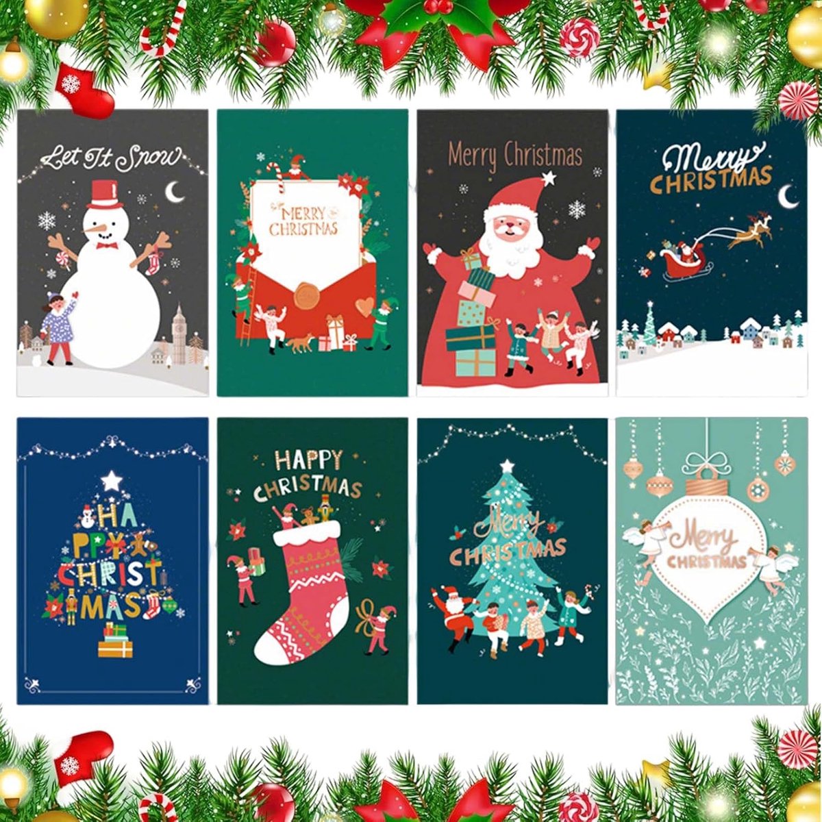 SnelShoppen - Enveloppen Kerstkaarten, Set van 8, Nieuwjaarskaarten, Groetenkaarten, Schattige Cartoonstijl (12,5 x 8,5 cm), Voor Warme Kerstgroeten e