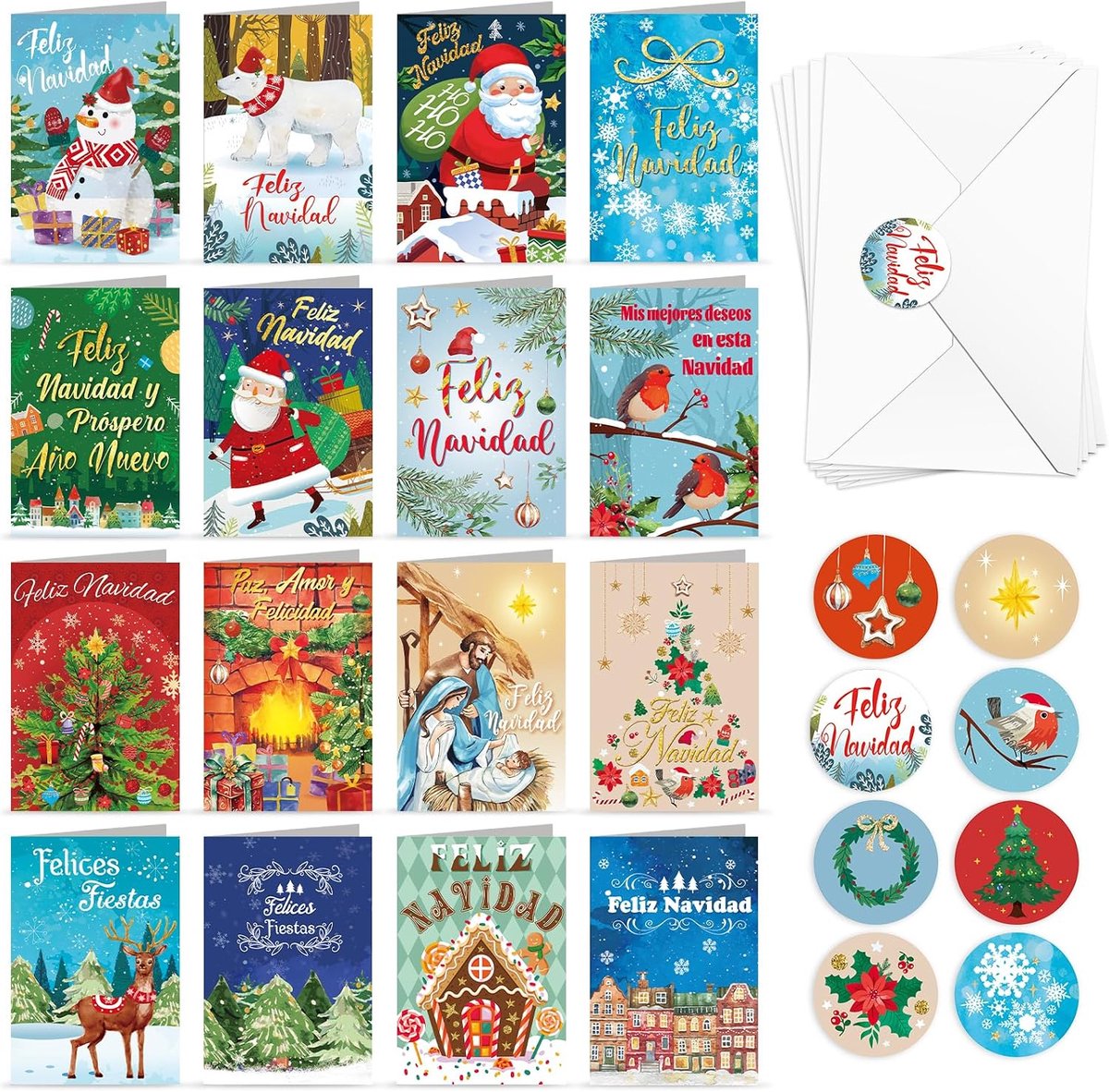 SnelShoppen - 16 Spaanse Kerstkaarten met Enveloppen en Stickers, Waterkleurstijl, Vrolijke Kerstkaarten voor Familie en Vrienden, Perfect voor Kerstm