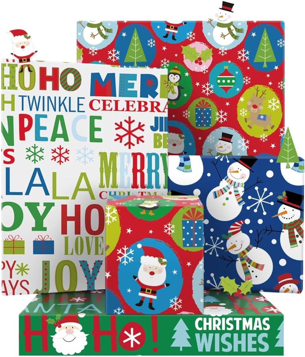 SnelShoppen - Kerstpakpapier Set van 4 Vellen 50x70 cm met Kerstman, Sneeuwman, Rendier en Kerstboom voor Feestelijke Cadeauverpakking