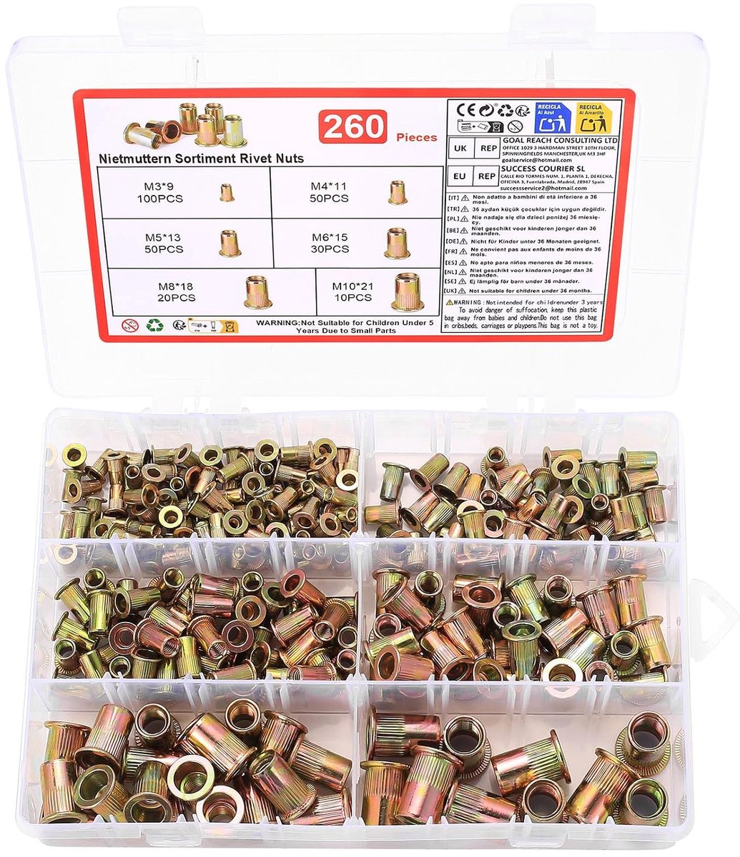 260-Piece Rivet Nut Set M3-M10, Flat Head Carbon Steel Wire Nuts for Metal and Plastic, Complete Range for Industrial - ShopVlot