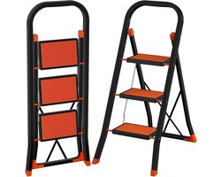 Trapladder 3 treden - Vouwtrap opstap - Huishoudelijk werk - Brede antislip treden - 150 kg draaglast - Zwart oranje