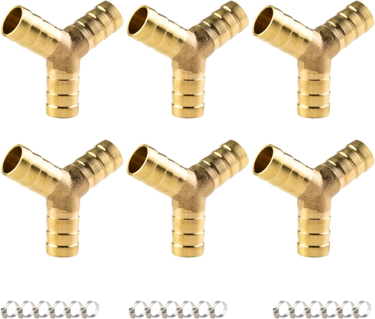 SnelShoppen - 6-delige 12mm messing slangverbinder set, 3-weg Y-vormige messing connector met 18 slangklemmen, ideaal voor lucht, water en brandstof t