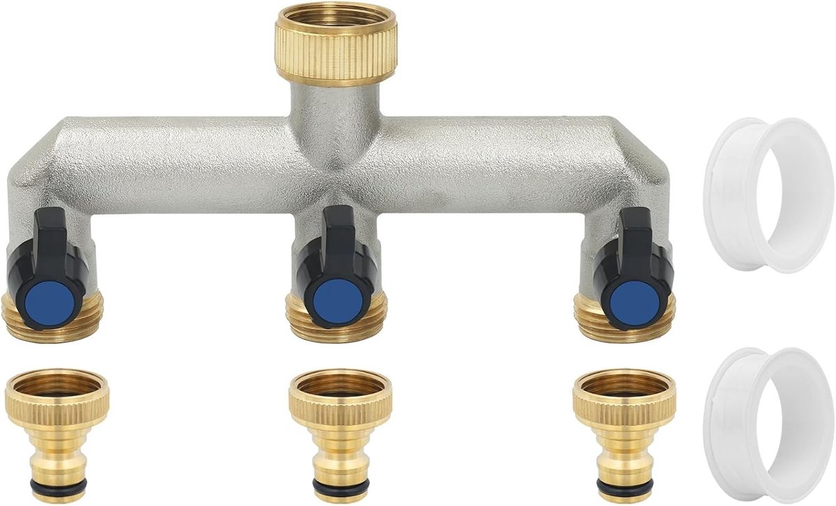 Waterverdeler - Messing - 3/4 inch - 3-voudige Slangverdeler met Kogelkraan en Adapters - Voor Tuinslangen en Apparaten