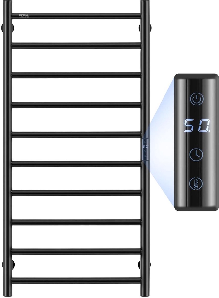 SnelShoppen - Elektrische Handdoekradiator met 10 Stangen, Wandverwarming, Handdoekwarmer met Instelbare Temperatuur, Waterdicht IPX5, met Timer en LE