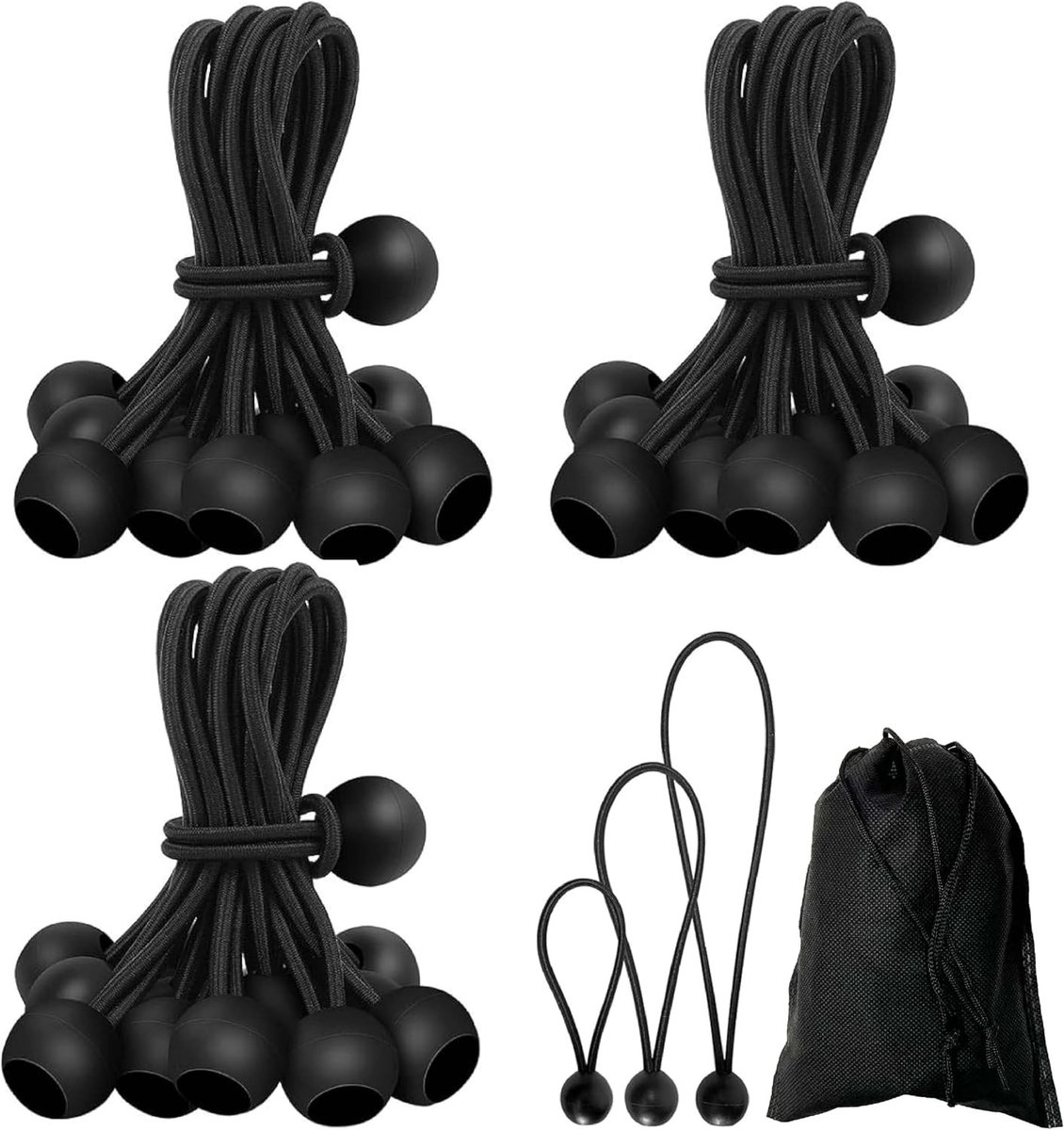 Elastische Spanners - Zwart - 10/15/20 cm - Robuuste Rubber Spanners met Ballen - Voor Bevestigen van Tent, Dekzeil en Meer