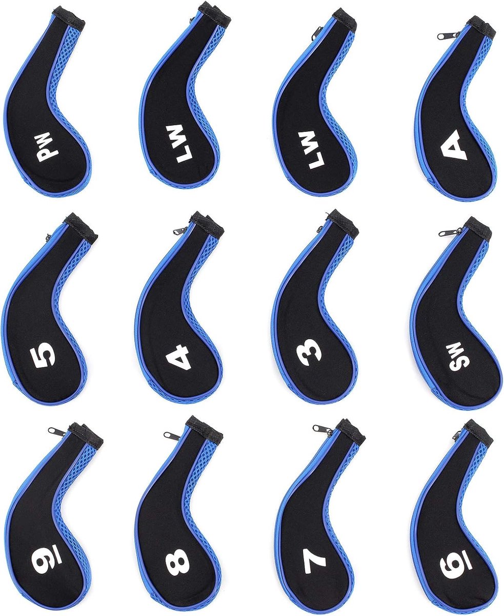 SnelShoppen - Golf Club Caps voor Putter, 12 Stuks Racket Caps Set, Golf Club Hoofdkappen, Racket Hoofd Covers, Golf IJzer Covers, Zwarte en Blauwe Ne