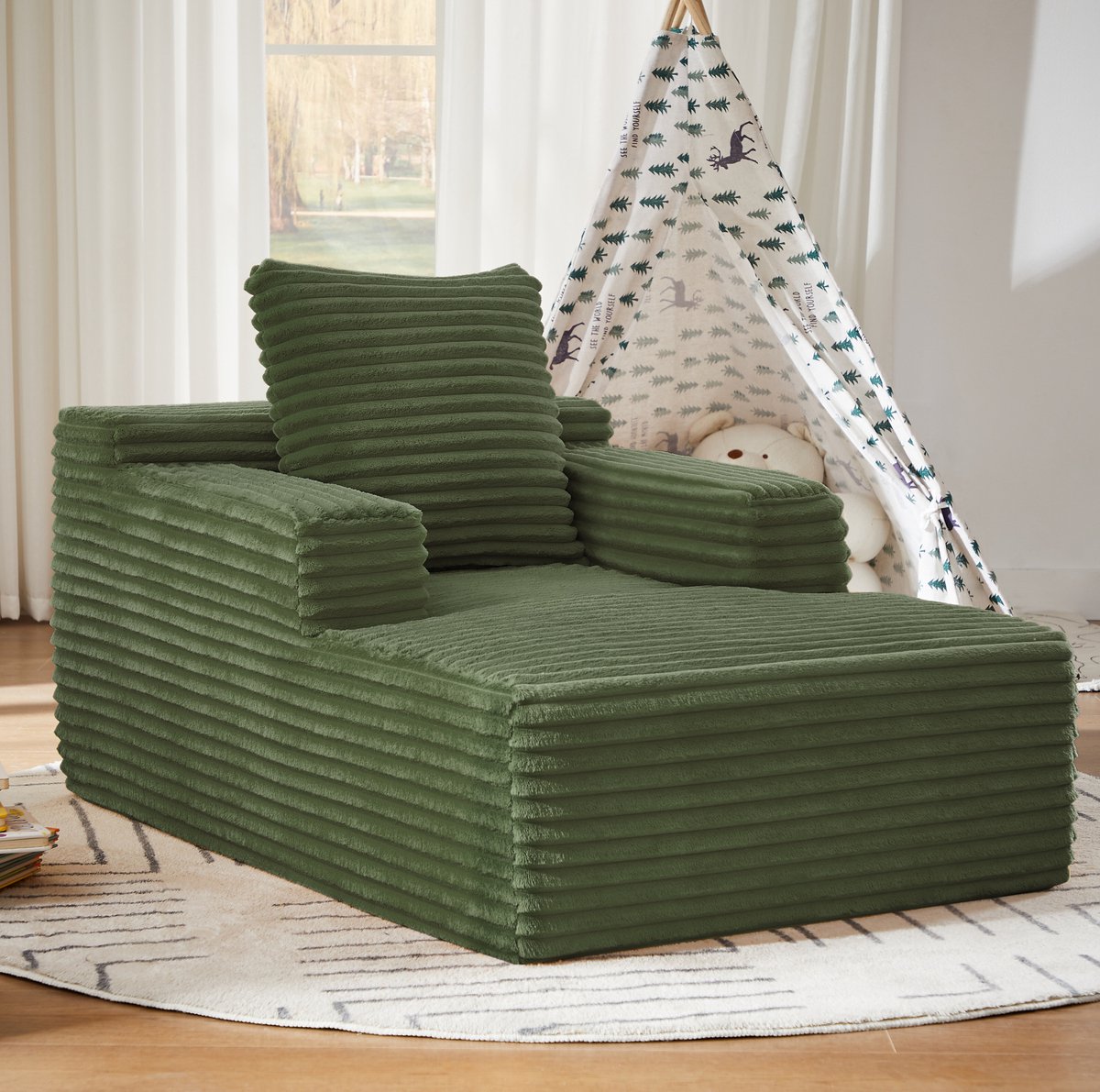 MEUNIQ Chaise longue 1-zits 117 x 81 x 50 cm in ribstof, met armleuningen, zonder montage, voor woonkamer, bureau of appartement, groen Green
