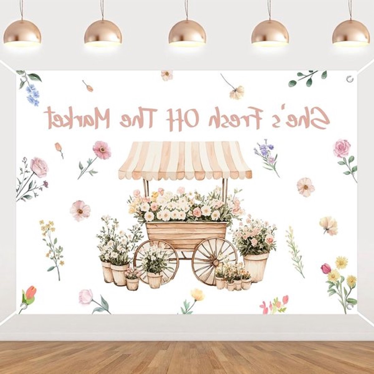 Boerenmarkt bruidsdouche decoratie met wilde bloemen en lokaal geteelde elementen - Achtergrondbanner 7 x 5 ft voor vrijgezellenfeesten en bruiloften