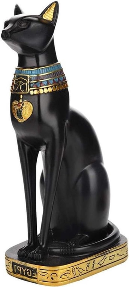 Elegante Egyptische Kat Standbeeld van Hars, Decoratieve Beeldjes voor Huis en Tuin, Unieke Cadeaus en Interieurdecoratie in Zwart en Goud