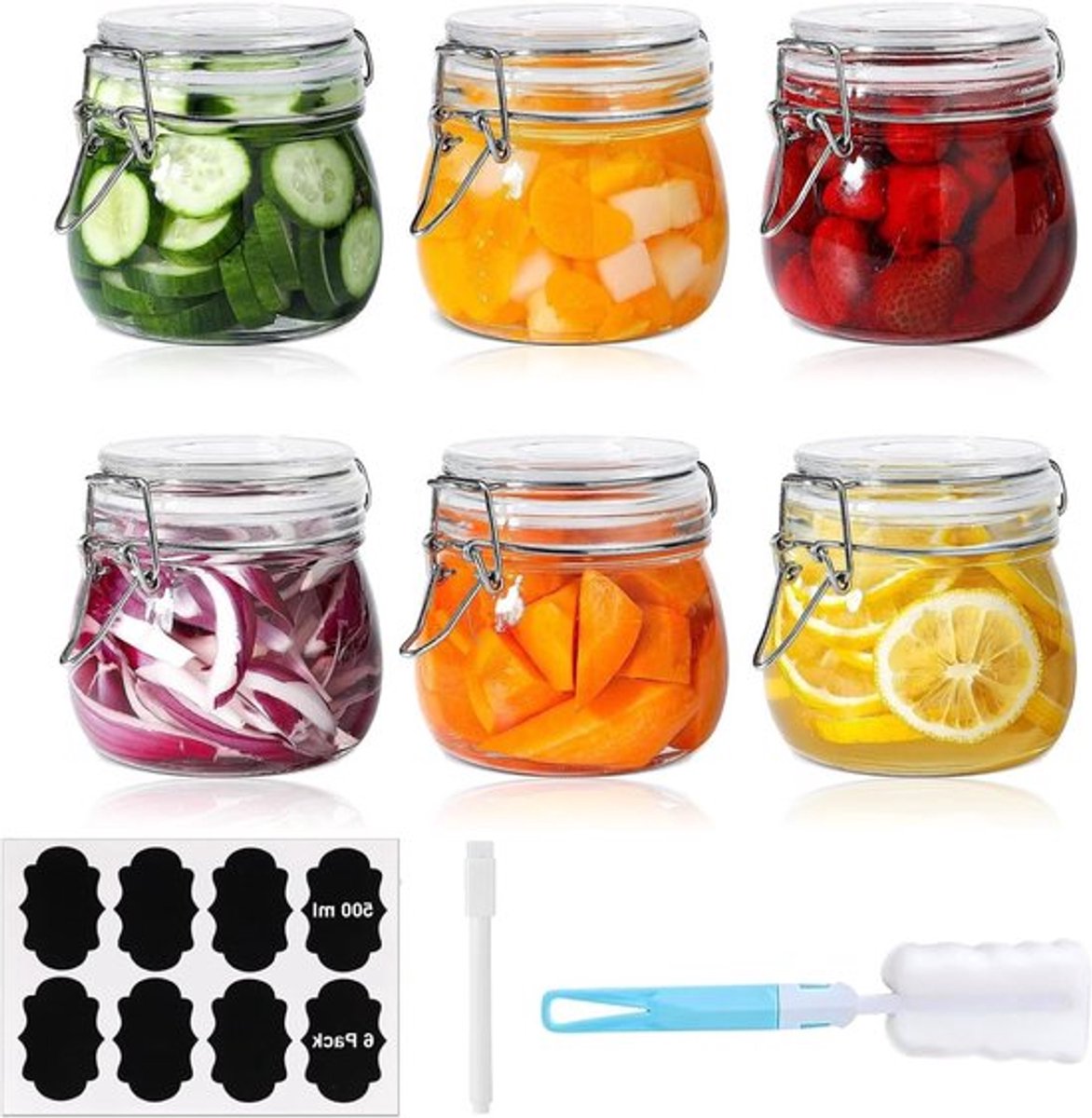 Luchtdichte glazen bewaarpotten met haaksluiting voor kimchi fermentatie, 6 x 500 ml, inclusief labels en penselen