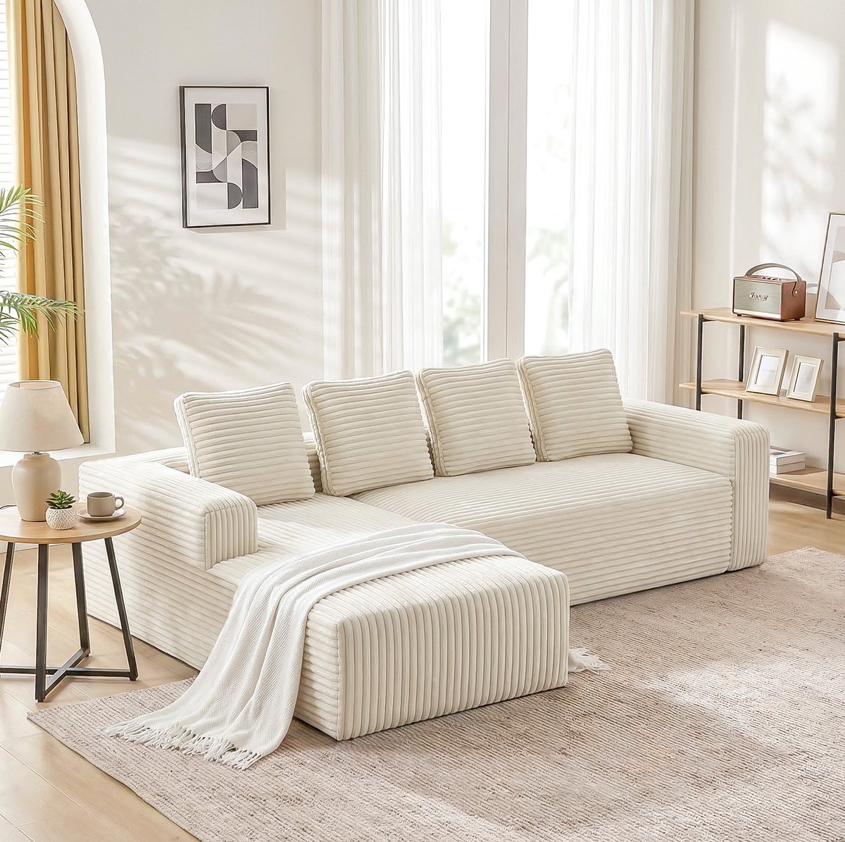 MODENUIT Hoekbank 261 cm - Modulaire L-vorm Met Chaise Longue - Voor Woonkamer En Slaapkamer - Stof - Beige