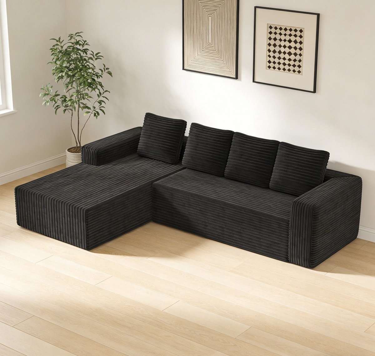 MODENUIT Hoekbank 261 cm - L-vormige Chaise Rechts - Modulaire Bank Voor Woonkamer - Stof - Zwart