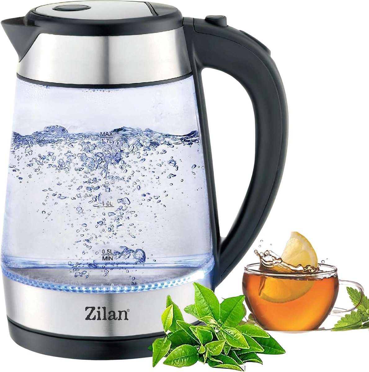 SnelShoppen - RVS Waterkoker 2200 W, 1.7 Liter, Blauwe LED Verlichting, 360 Graden Draaibaar, Limoenfilter, BPA Vrij, Theeketel, Waterfilter, Keuken