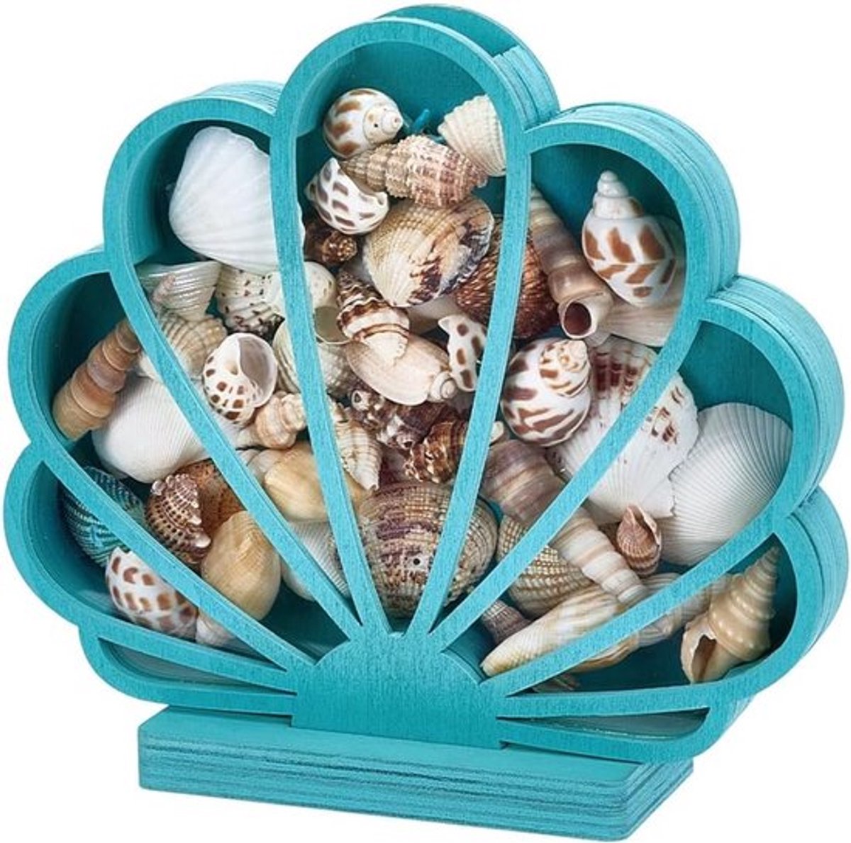 Decoratieve houten schelp shadow box 6x20x18cm in donker turquoise voor kustthema, slaapkamer en strandhuis decoratie, perfect voor kerst en verjaardagen