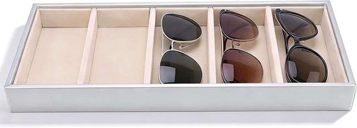 Stapelbare glazen display tray voor sieraden, brillen en horloges - Organiseer je accessoires stijlvol met deze grijze velvet box.